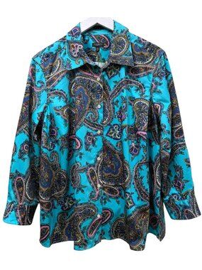Talbots Paisley Top Plus Size 2X Petite Button Up Shirt Turquoise Blue Preppy